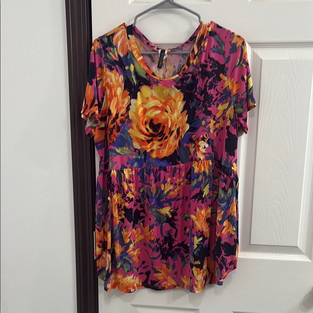 Vibrant Purple and Orange Relaxed Ruffled Blouse